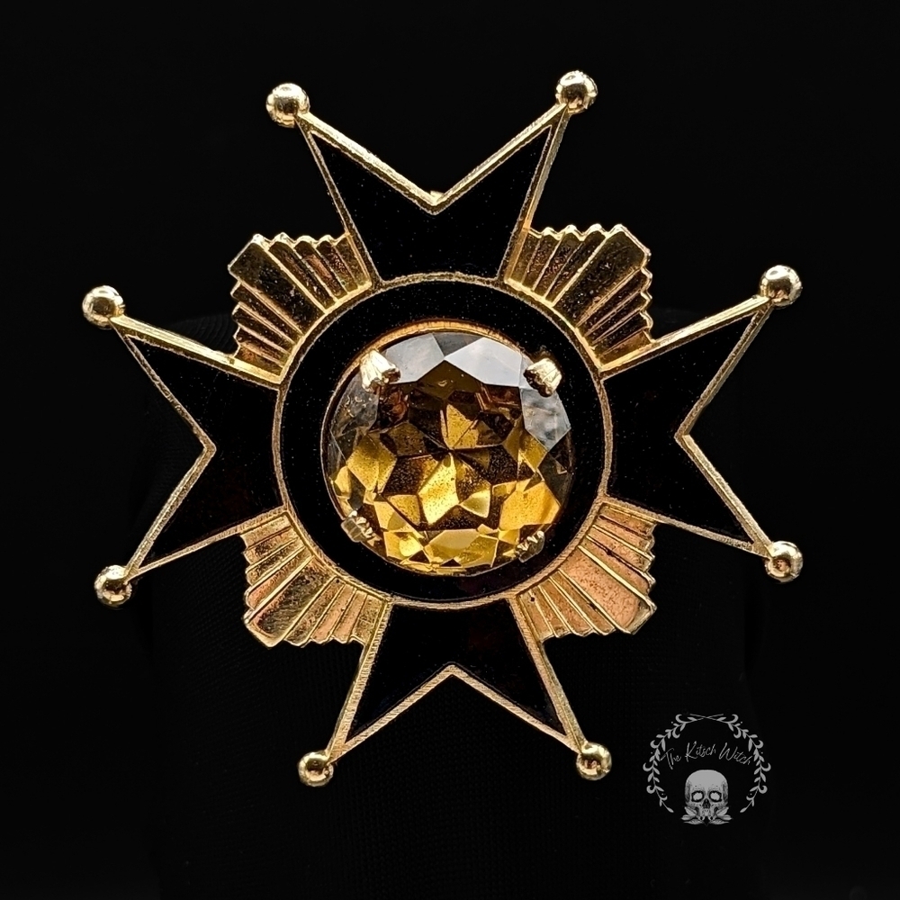 Vintage Accessocraft NYC Maltese Cross Brooch with Glass Topaz Stone